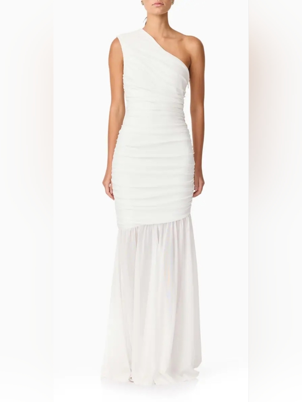 Elliatt White One-Shoulder Ruched Mermaid Gown.